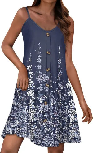 Women Spaghetti Strap Dress Summer Sleeveless V-Neck Floral Printed Sundress Beach Party Vacation Dresses