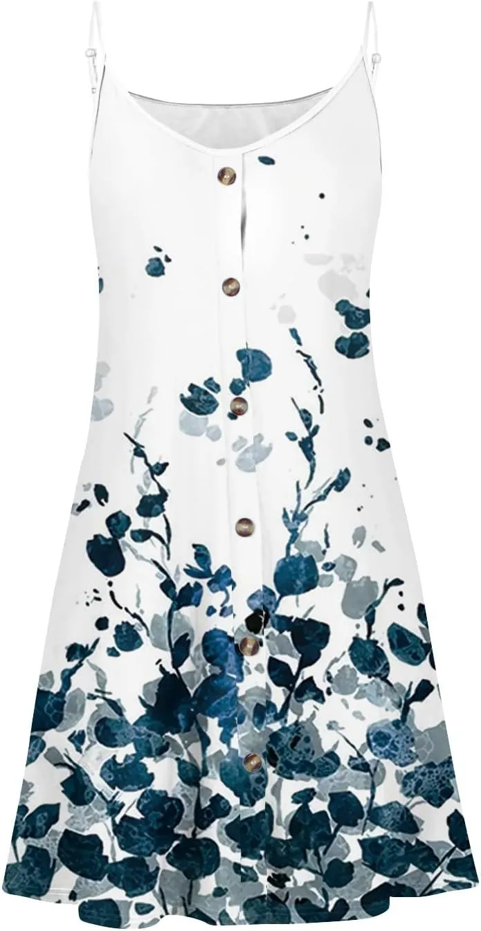 Women Spaghetti Strap Dress Summer Sleeveless V-Neck Floral Printed Sundress Beach Party Vacation Dresses