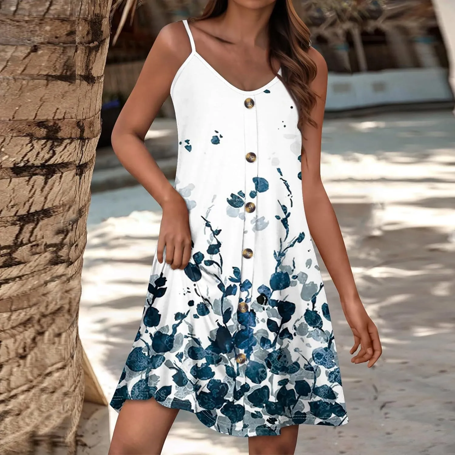Women Spaghetti Strap Dress Summer Sleeveless V-Neck Floral Printed Sundress Beach Party Vacation Dresses
