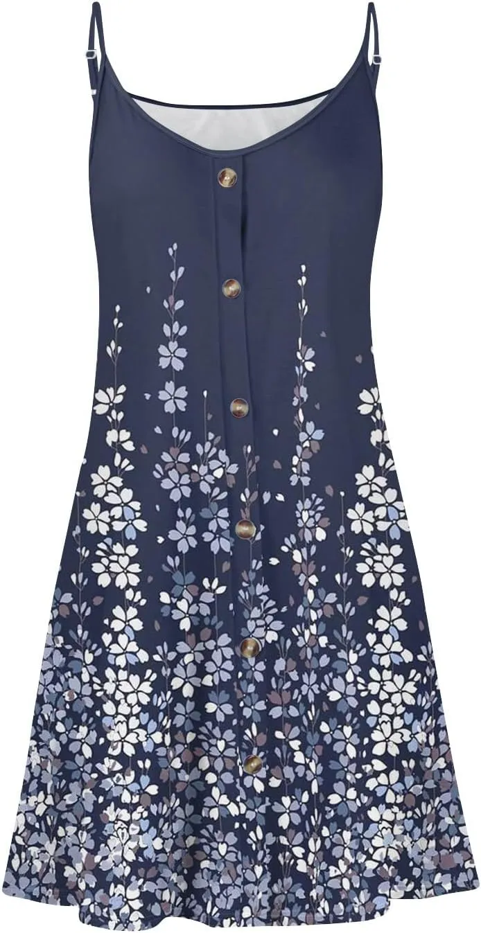 Women Spaghetti Strap Dress Summer Sleeveless V-Neck Floral Printed Sundress Beach Party Vacation Dresses