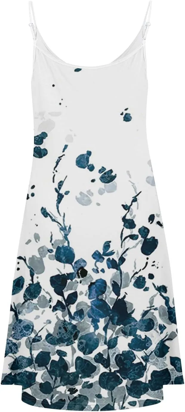 Women Spaghetti Strap Dress Summer Sleeveless V-Neck Floral Printed Sundress Beach Party Vacation Dresses