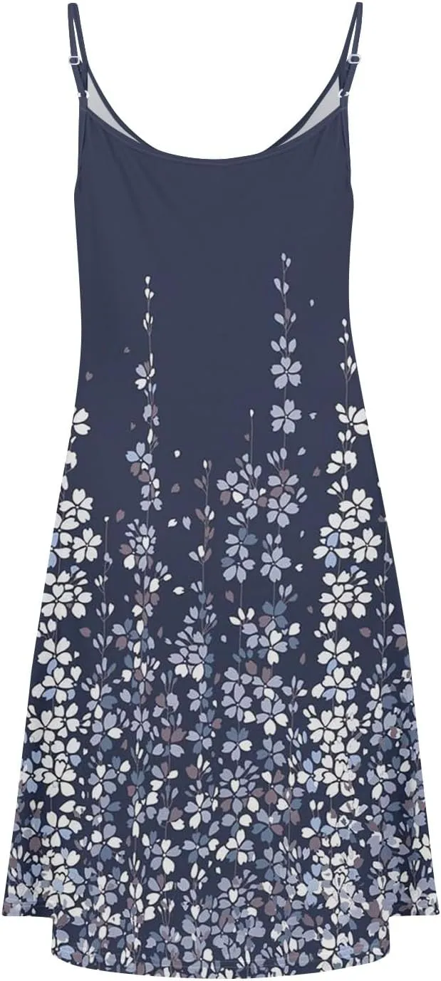 Women Spaghetti Strap Dress Summer Sleeveless V-Neck Floral Printed Sundress Beach Party Vacation Dresses