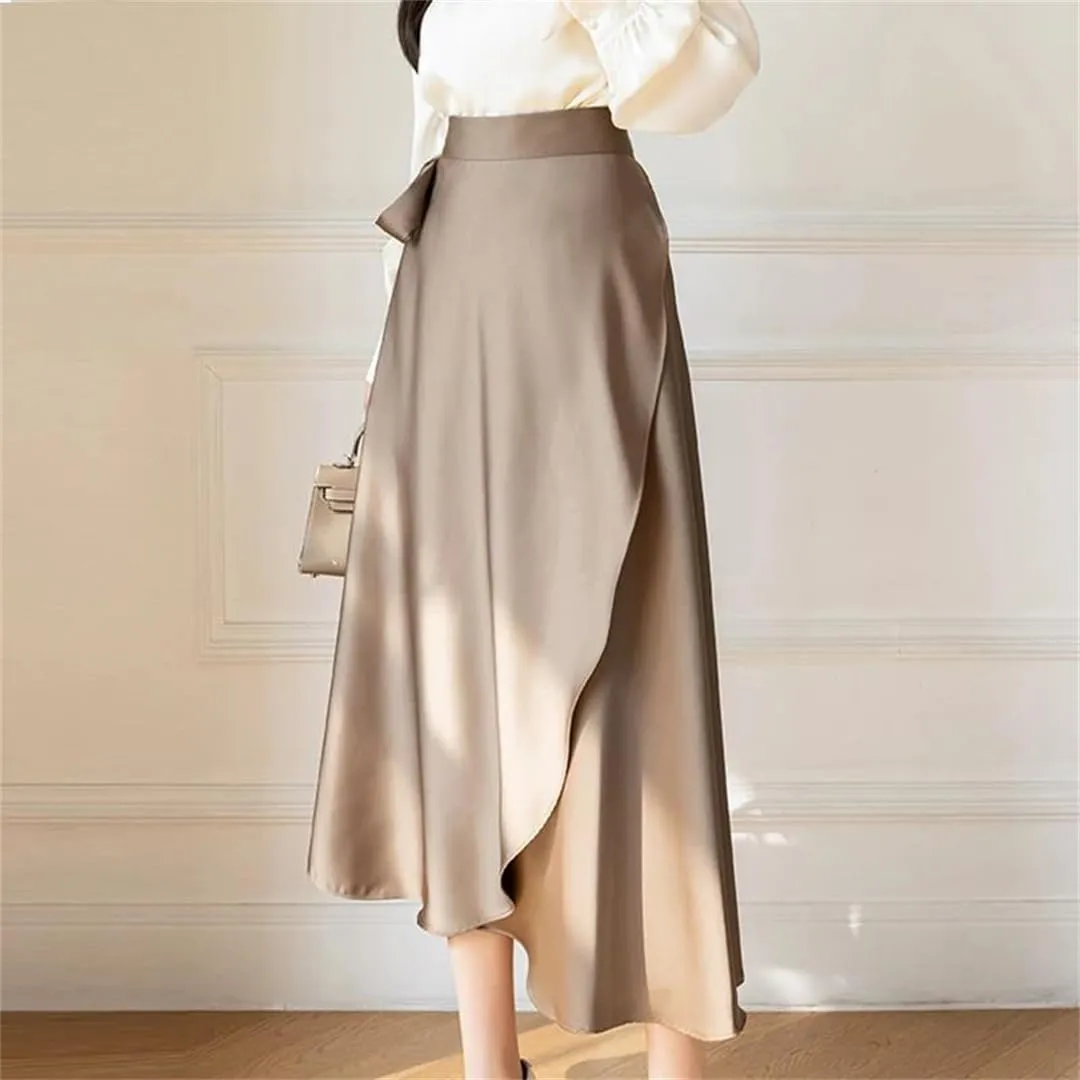 Women Summer Asymmetric Satin Skirt with Lace High Waist Elegant Long One Piece Skirts