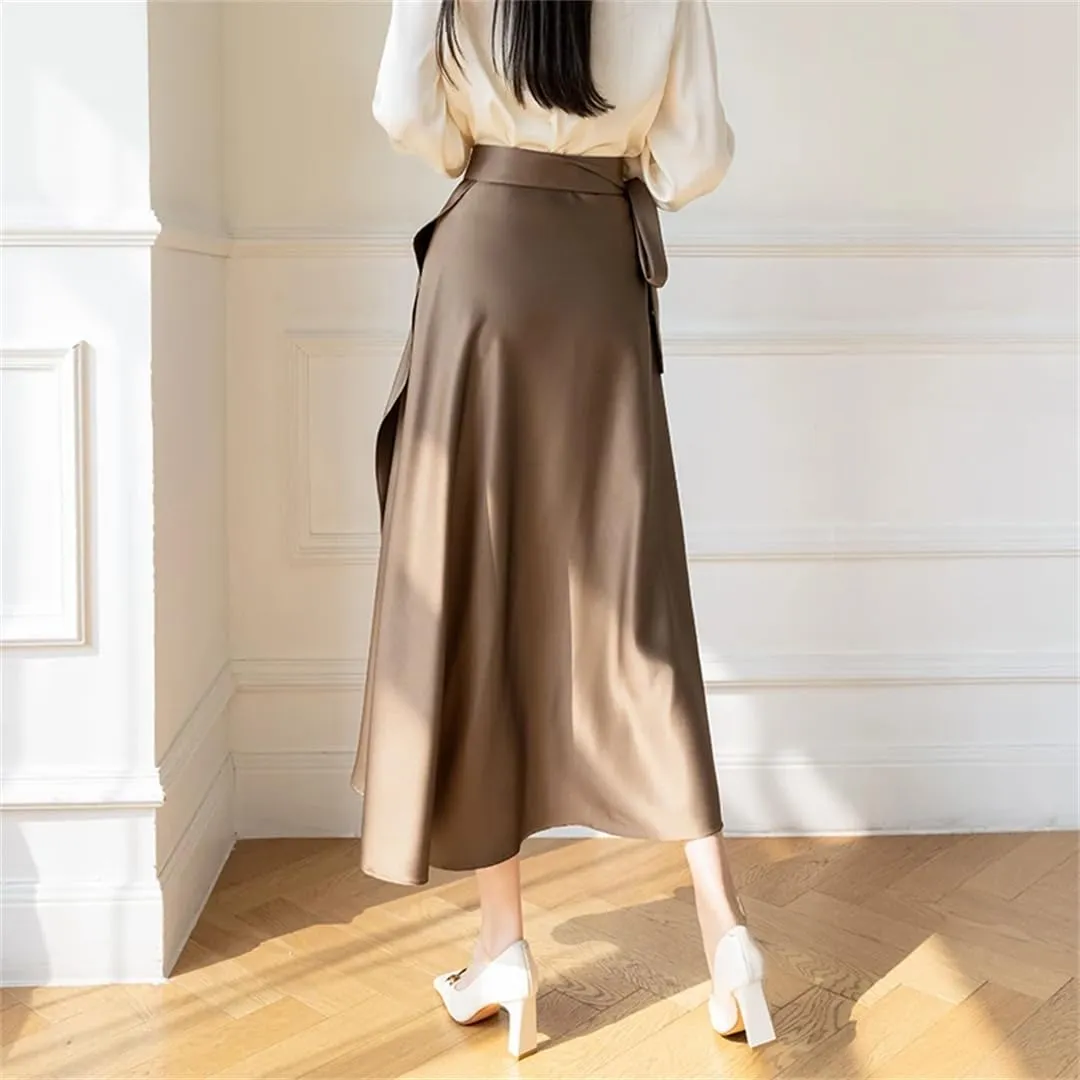 Women Summer Asymmetric Satin Skirt with Lace High Waist Elegant Long One Piece Skirts