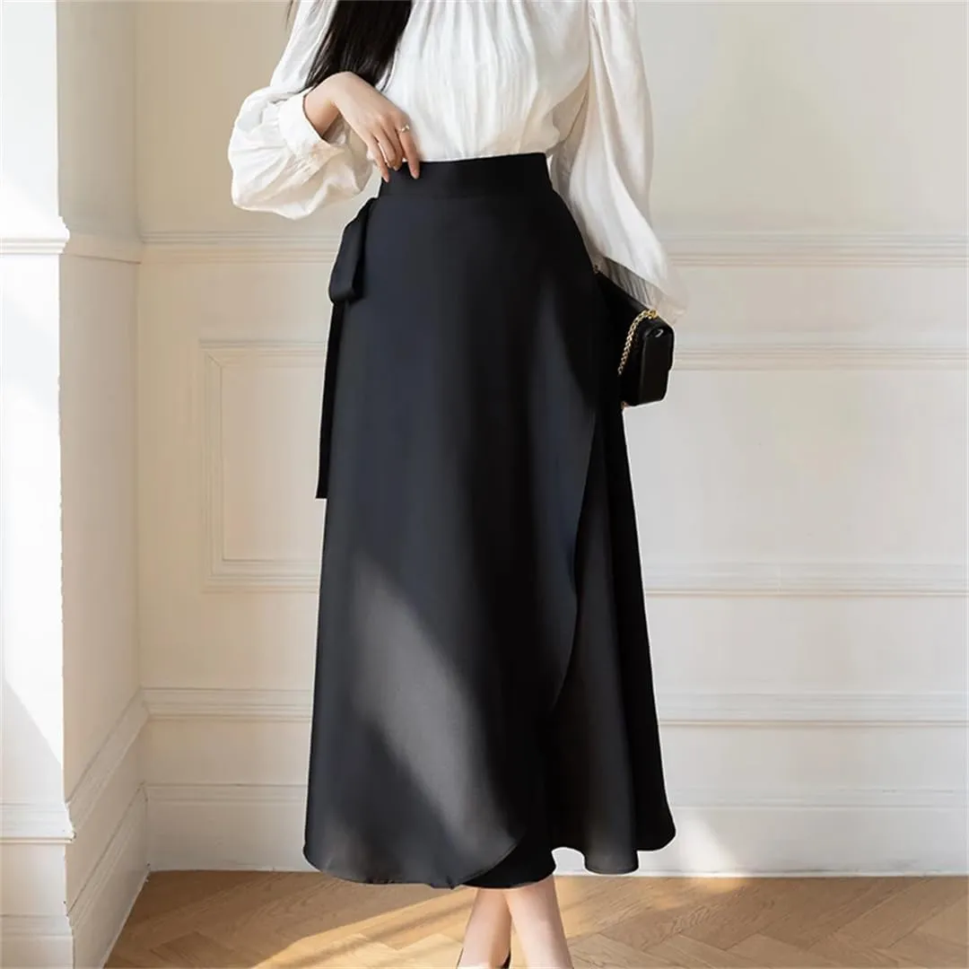 Women Summer Asymmetric Satin Skirt with Lace High Waist Elegant Long One Piece Skirts