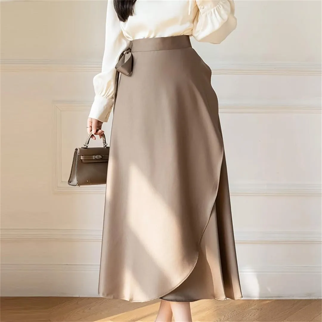 Women Summer Asymmetric Satin Skirt with Lace High Waist Elegant Long One Piece Skirts
