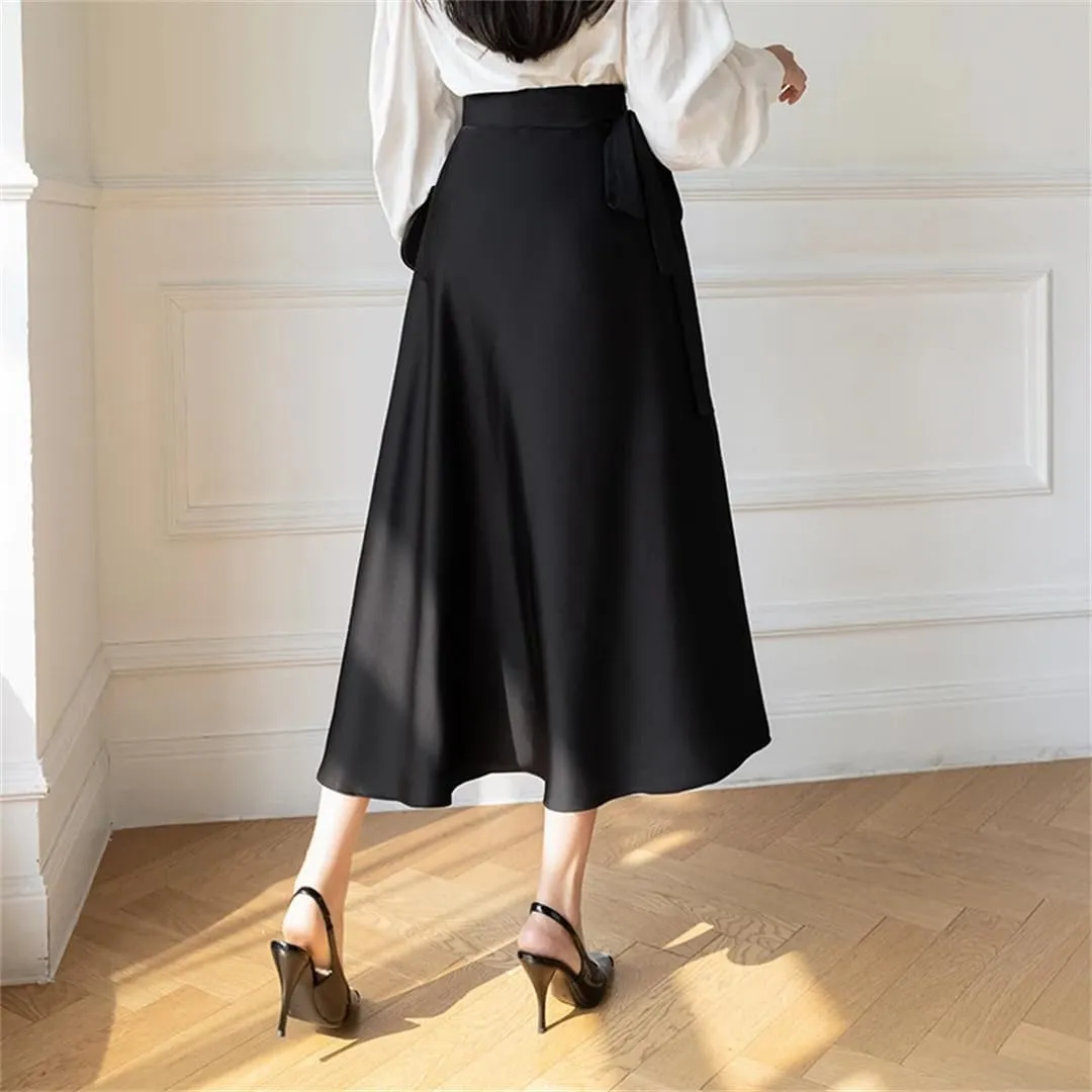 Women Summer Asymmetric Satin Skirt with Lace High Waist Elegant Long One Piece Skirts
