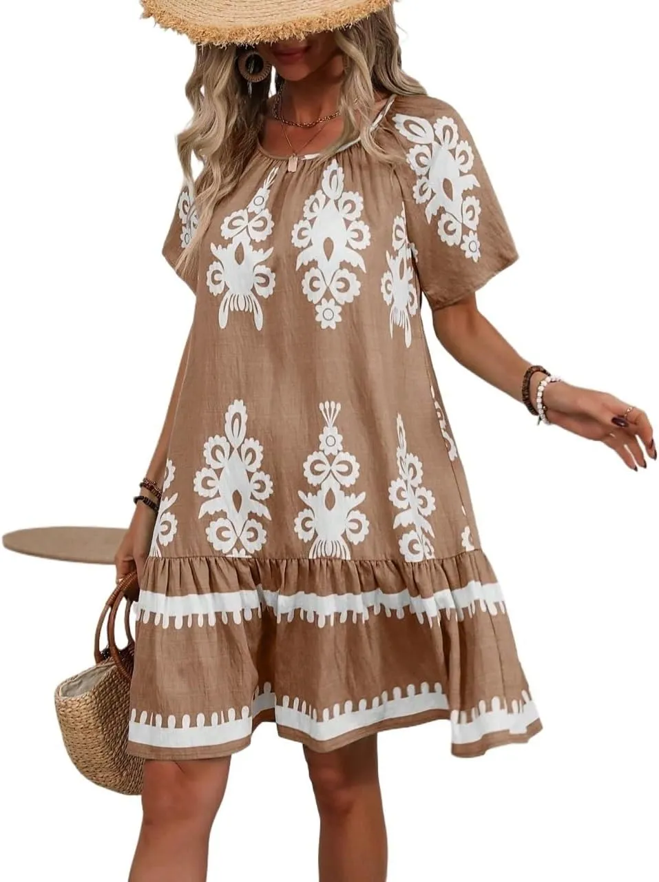 Women Summer Bohemian Floral Printed Ruffle Hem Shift Dress