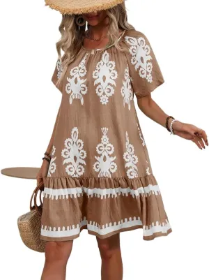 Women Summer Bohemian Floral Printed Ruffle Hem Shift Dress