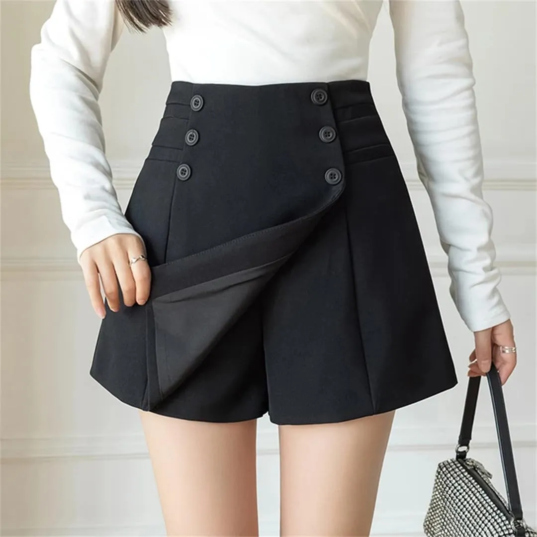 Women Summer Double Buckle Skirts Shorts with Buttons High Waist Asymmetric Wide Leg Short Pants