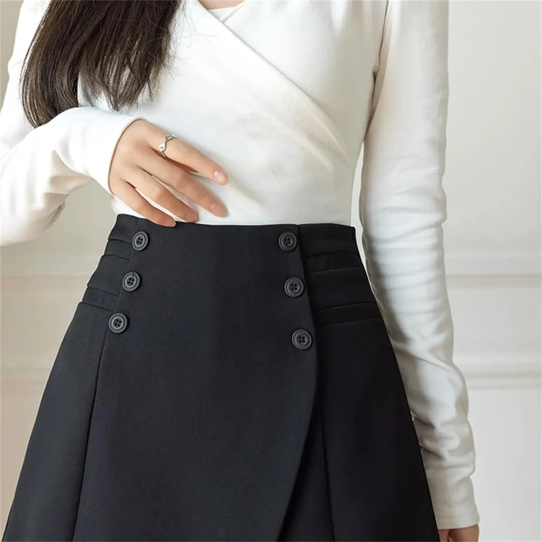 Women Summer Double Buckle Skirts Shorts with Buttons High Waist Asymmetric Wide Leg Short Pants
