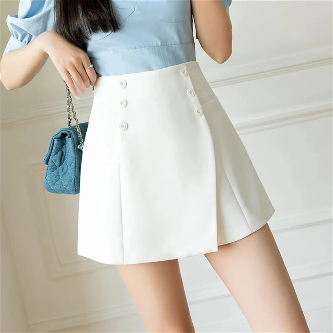 Women Summer Double Buckle Skirts Shorts with Buttons High Waist Asymmetric Wide Leg Short Pants