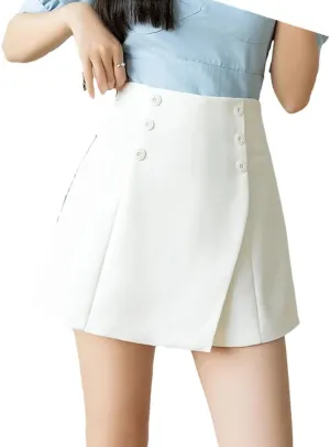 Women Summer Double Buckle Skirts Shorts with Buttons High Waist Asymmetric Wide Leg Short Pants