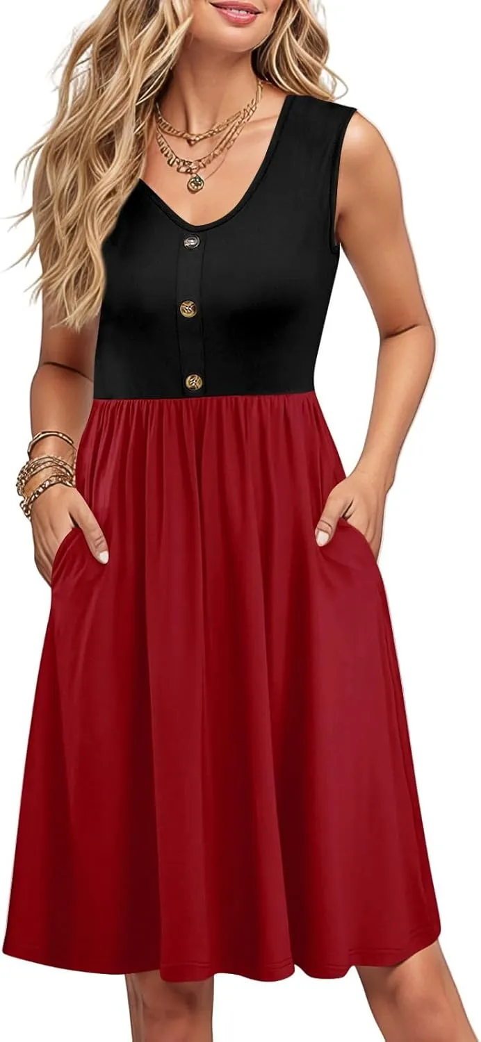 Women Summer Dresses 2025 Beach Vacation Tank Dress Casual Loose Swing Button Down Sleeveless Midi Sundress with Pockets