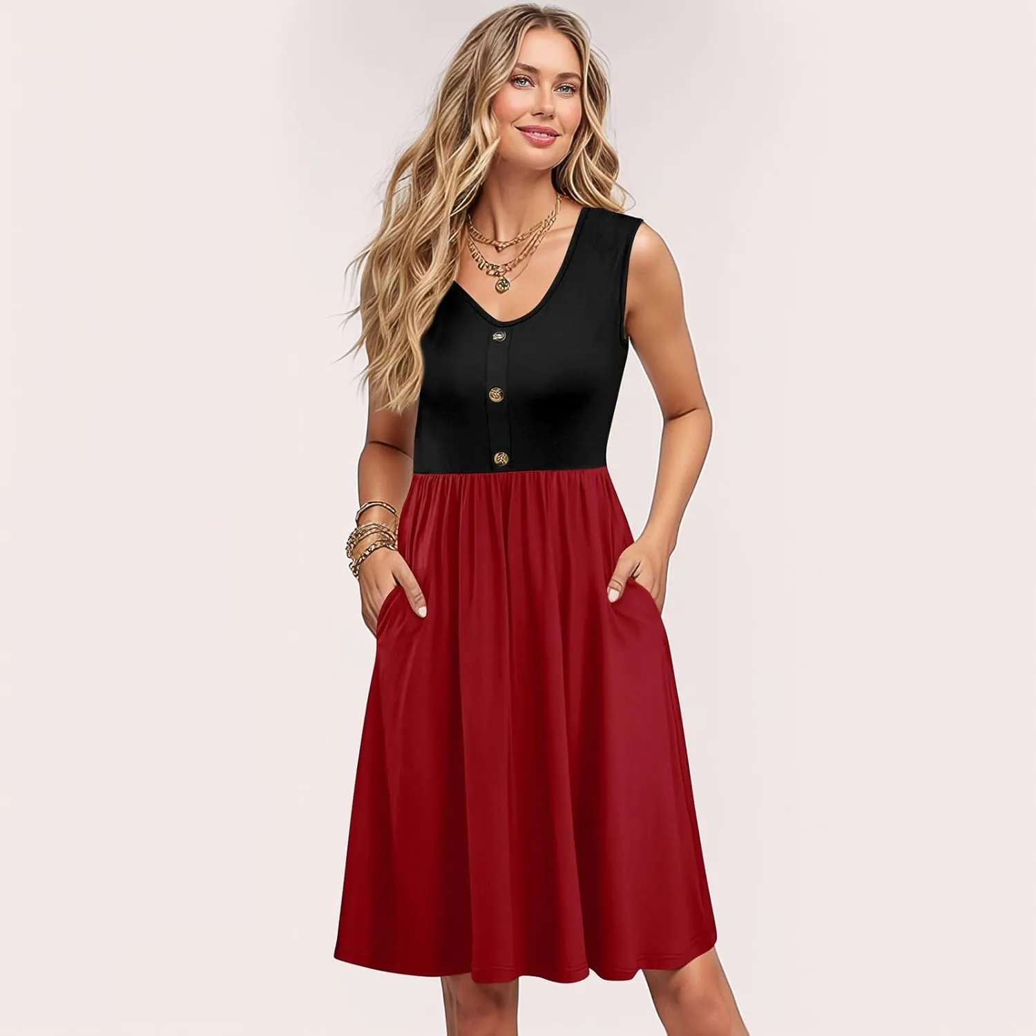 Women Summer Dresses 2025 Beach Vacation Tank Dress Casual Loose Swing Button Down Sleeveless Midi Sundress with Pockets