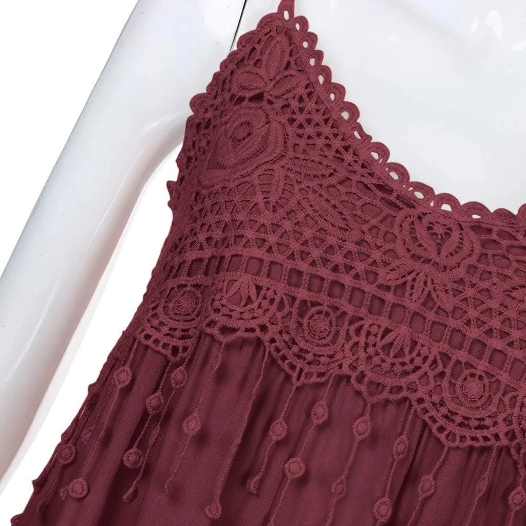 Women Summer Halter Dresses Embroidered Eyelet Floral Printed Tassel Midi Dress Plain Ruffle Hem Cute Sundress