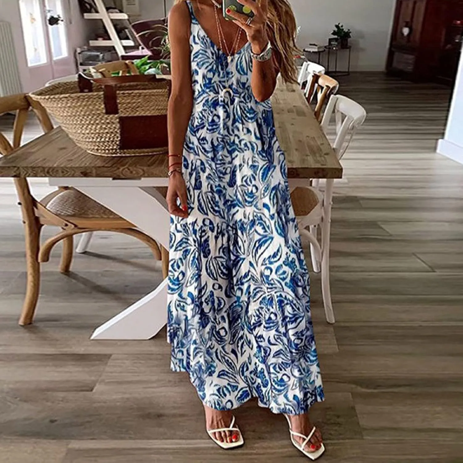 Women Summer Sexy Spaghetti Strap Dress Casual V-Neck Boho Printed Dress Sleeveless Loose Flowy Long Dress