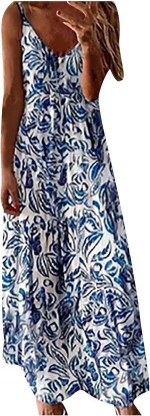 Women Summer Sexy Spaghetti Strap Dress Casual V-Neck Boho Printed Dress Sleeveless Loose Flowy Long Dress