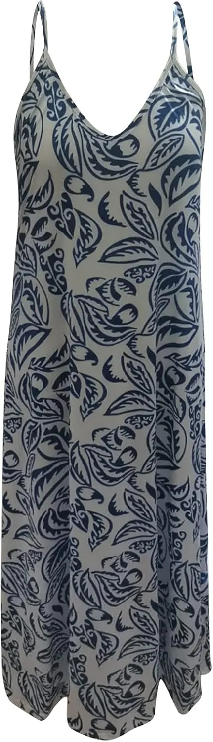 Women Summer Sexy Spaghetti Strap Dress Casual V-Neck Boho Printed Dress Sleeveless Loose Flowy Long Dress