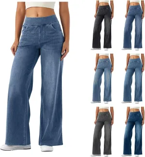 Women Sweatpant Jeans, Sweatpants That Look Like Jeans, High Waisted Stretchy Pull On Wide Leg Denim Pants with Pockets