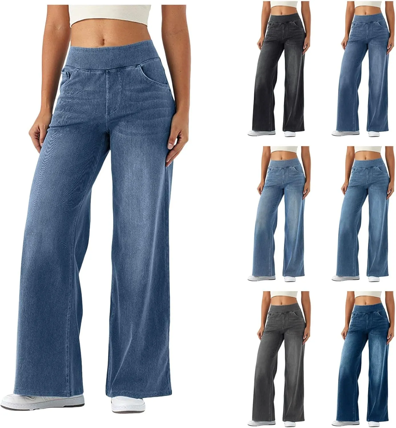 Women Sweatpant Jeans, Sweatpants That Look Like Jeans, High Waisted Stretchy Pull On Wide Leg Denim Pants with Pockets