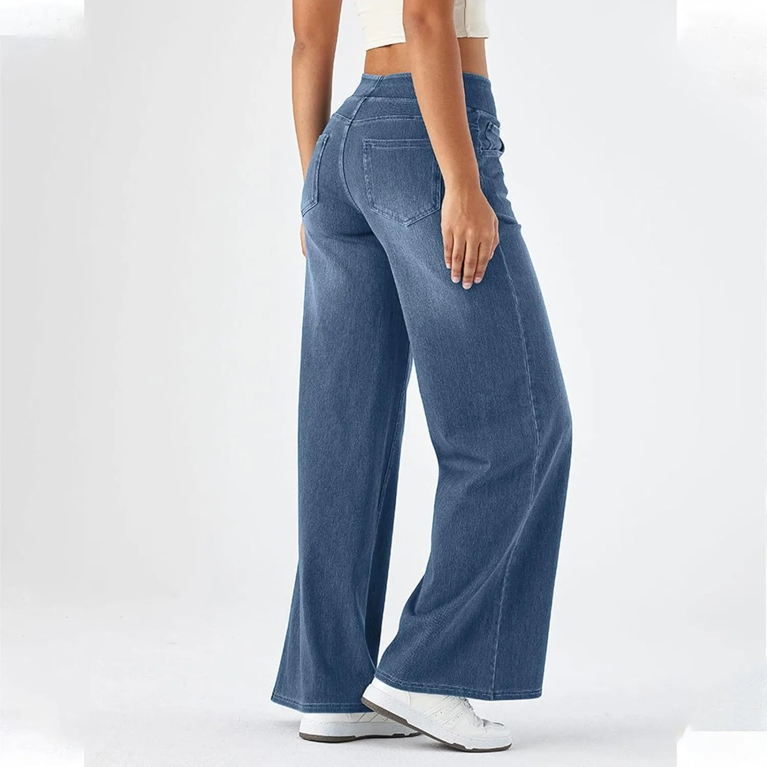 Women Sweatpant Jeans, Sweatpants That Look Like Jeans, High Waisted Stretchy Pull On Wide Leg Denim Pants with Pockets