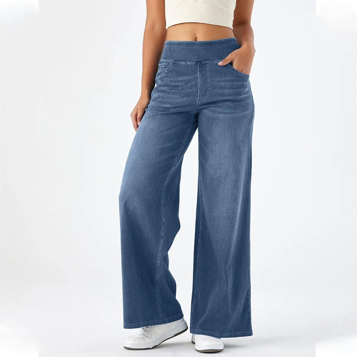 Women Sweatpant Jeans, Sweatpants That Look Like Jeans, High Waisted Stretchy Pull On Wide Leg Denim Pants with Pockets