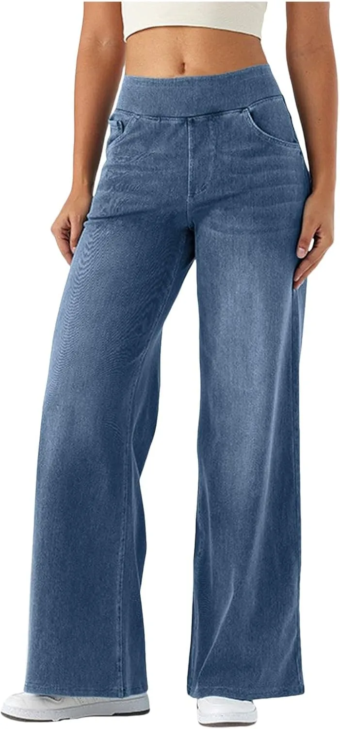 Women Sweatpant Jeans, Sweatpants That Look Like Jeans, High Waisted Stretchy Pull On Wide Leg Denim Pants with Pockets