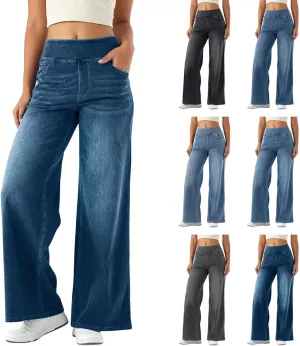 Women Sweatpant Jeans, Sweatpants That Look Like Jeans, High Waisted Stretchy Pull On Wide Leg Denim Pants with Pockets