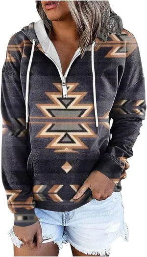 Women Western Aztec Hoodies Long Sleeve Pullover Sweatshirts Graphic Vintage Shirts Tops Cowgirl Wear Clothes 2023