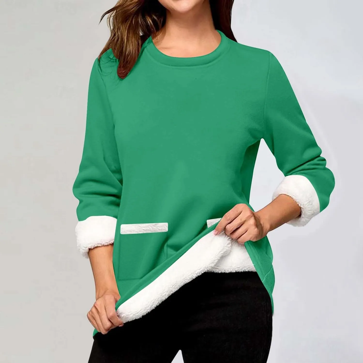 Women Winter Fleece Lined Warm Sweatshirts Solid Color Long Sleeve Crewneck Tunic Tees Casual Thermal Pullover