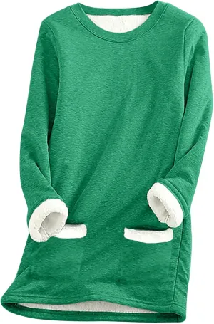 Women Winter Fleece Lined Warm Sweatshirts Solid Color Long Sleeve Crewneck Tunic Tees Casual Thermal Pullover