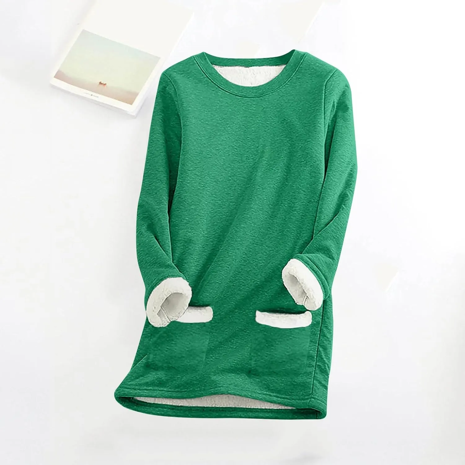 Women Winter Fleece Lined Warm Sweatshirts Solid Color Long Sleeve Crewneck Tunic Tees Casual Thermal Pullover
