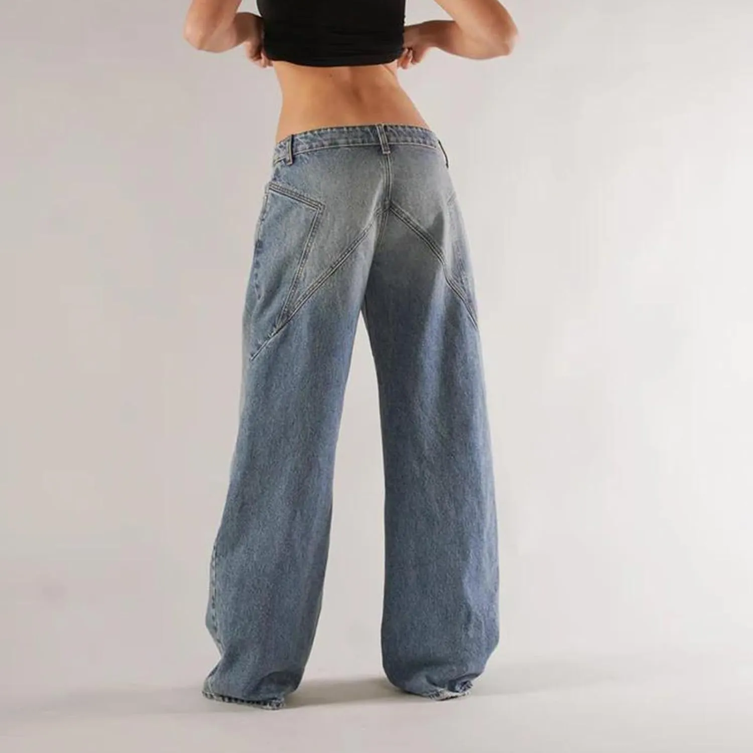 Women Y2K Baggy Low Rise Jeans Straight Wide Leg Boyfriend Trousers Street Trendy Stretch Long Denim Pants