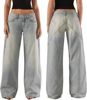 Women Y2K Baggy Low Rise Jeans Straight Wide Leg Boyfriend Trousers Street Trendy Stretch Long Denim Pants