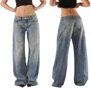 Women Y2K Baggy Low Rise Jeans Straight Wide Leg Boyfriend Trousers Street Trendy Stretch Long Denim Pants