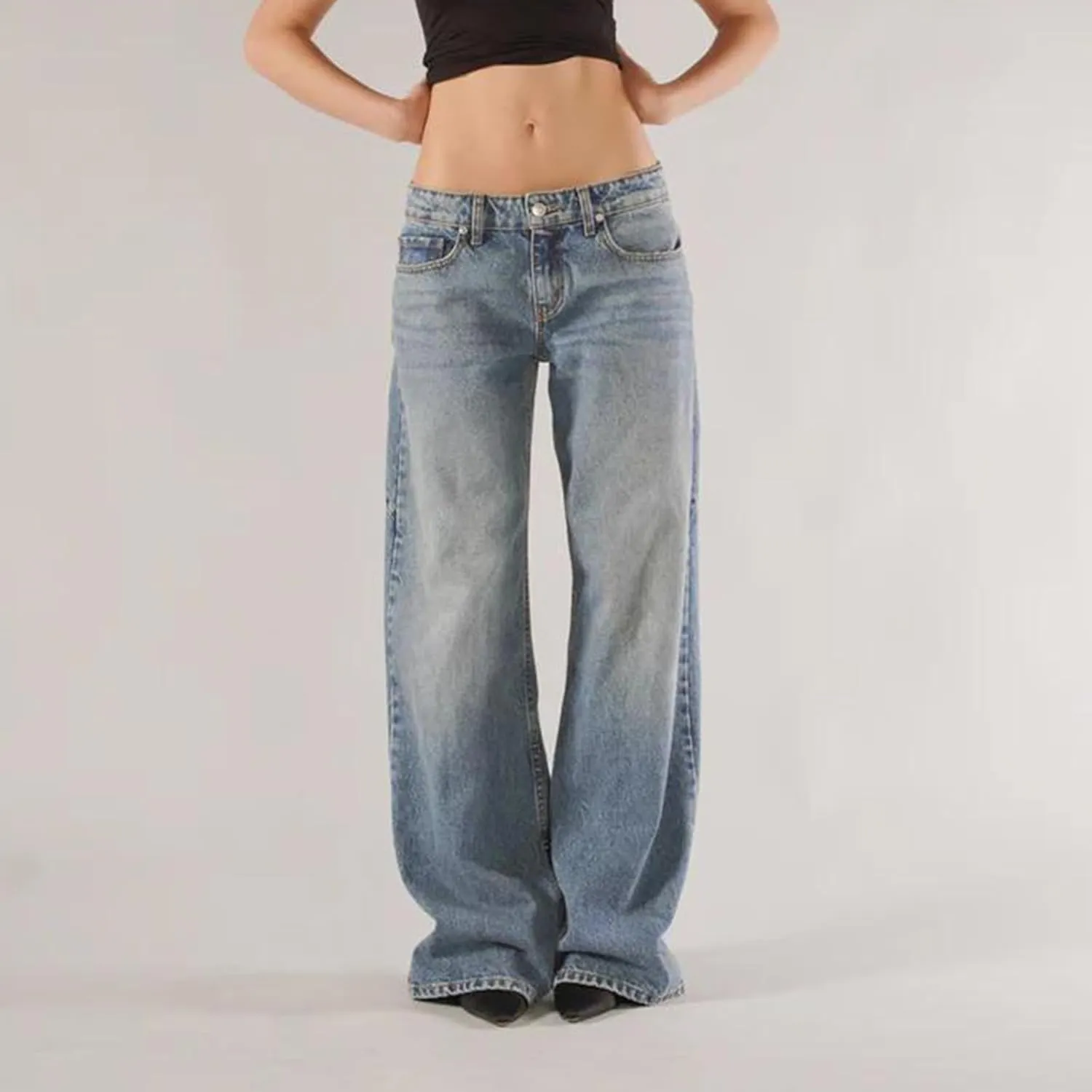 Women Y2K Baggy Low Rise Jeans Straight Wide Leg Boyfriend Trousers Street Trendy Stretch Long Denim Pants