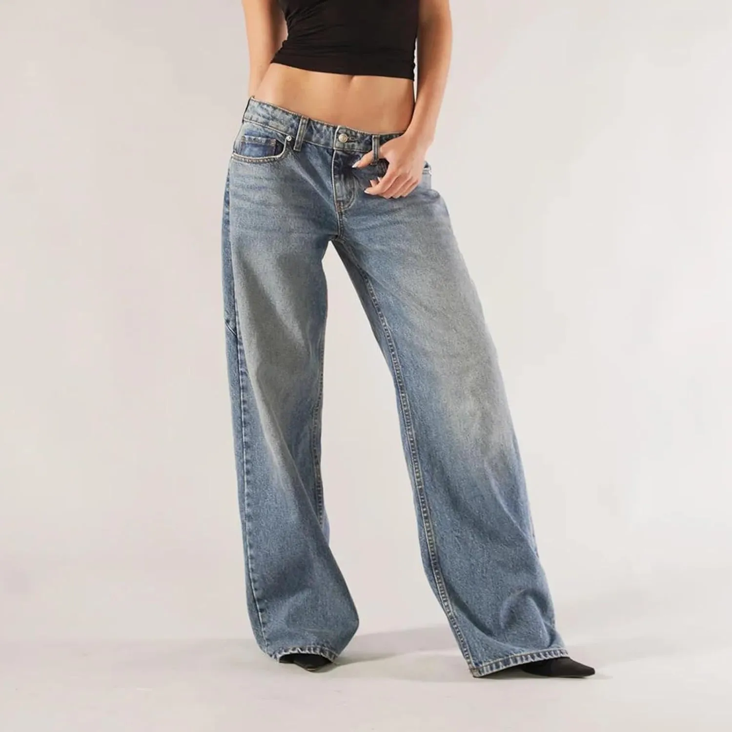 Women Y2K Baggy Low Rise Jeans Straight Wide Leg Boyfriend Trousers Street Trendy Stretch Long Denim Pants