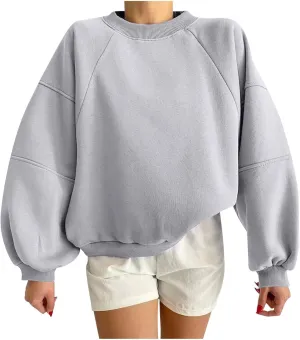 Women Y2k Pullover Teen Girls Oversized Crewneck Sweatshirt Casual Cropped Fleece Long Sleeve Lightweight Loose Tops