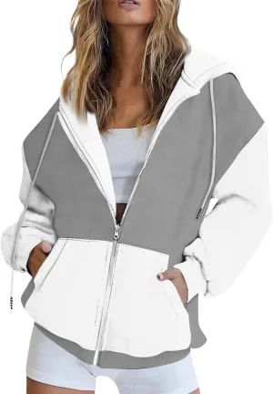 Women Zip Up Hoodie Long Sleeve Fleece Jacket Y2k Colorblock Drawstring Oversized Hooded Sweatshirt with Pockets