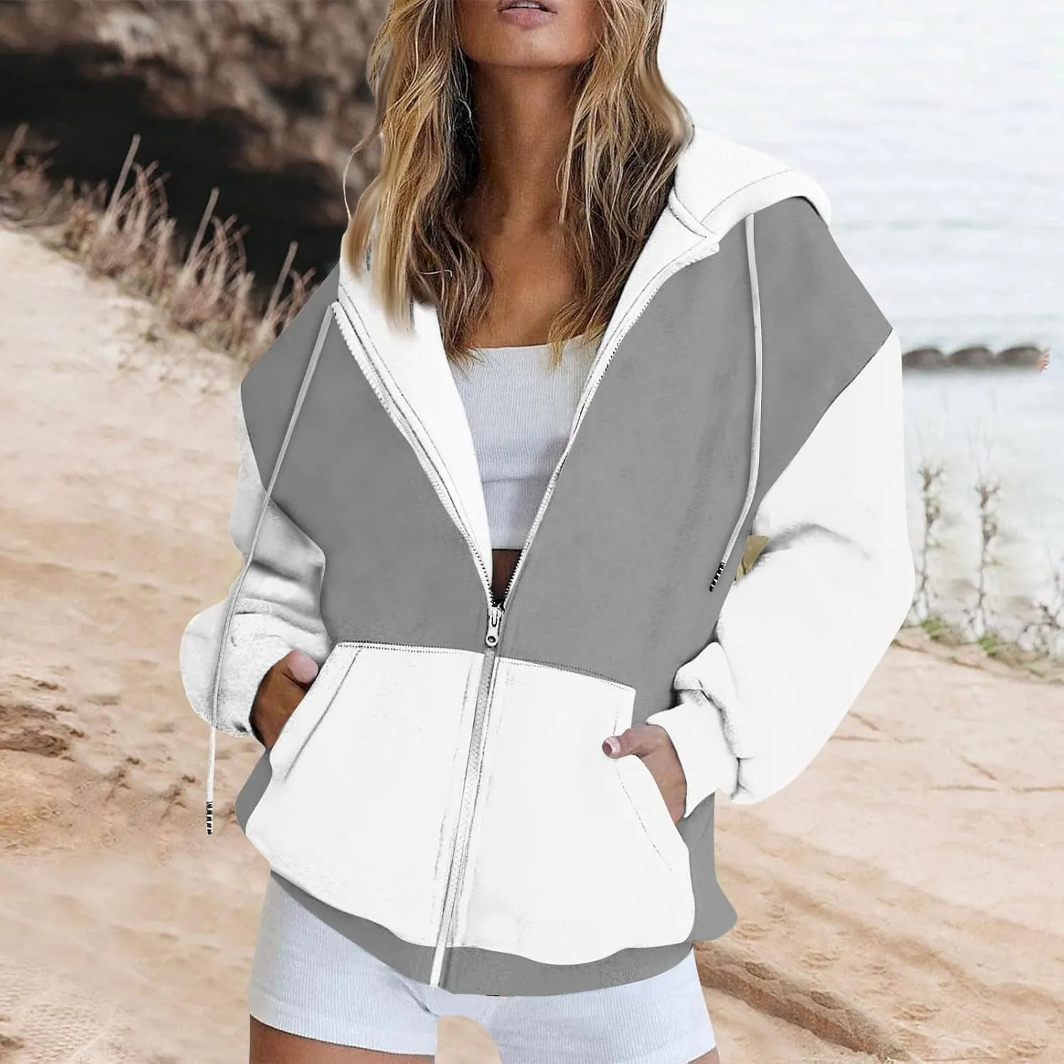 Women Zip Up Hoodie Long Sleeve Fleece Jacket Y2k Colorblock Drawstring Oversized Hooded Sweatshirt with Pockets