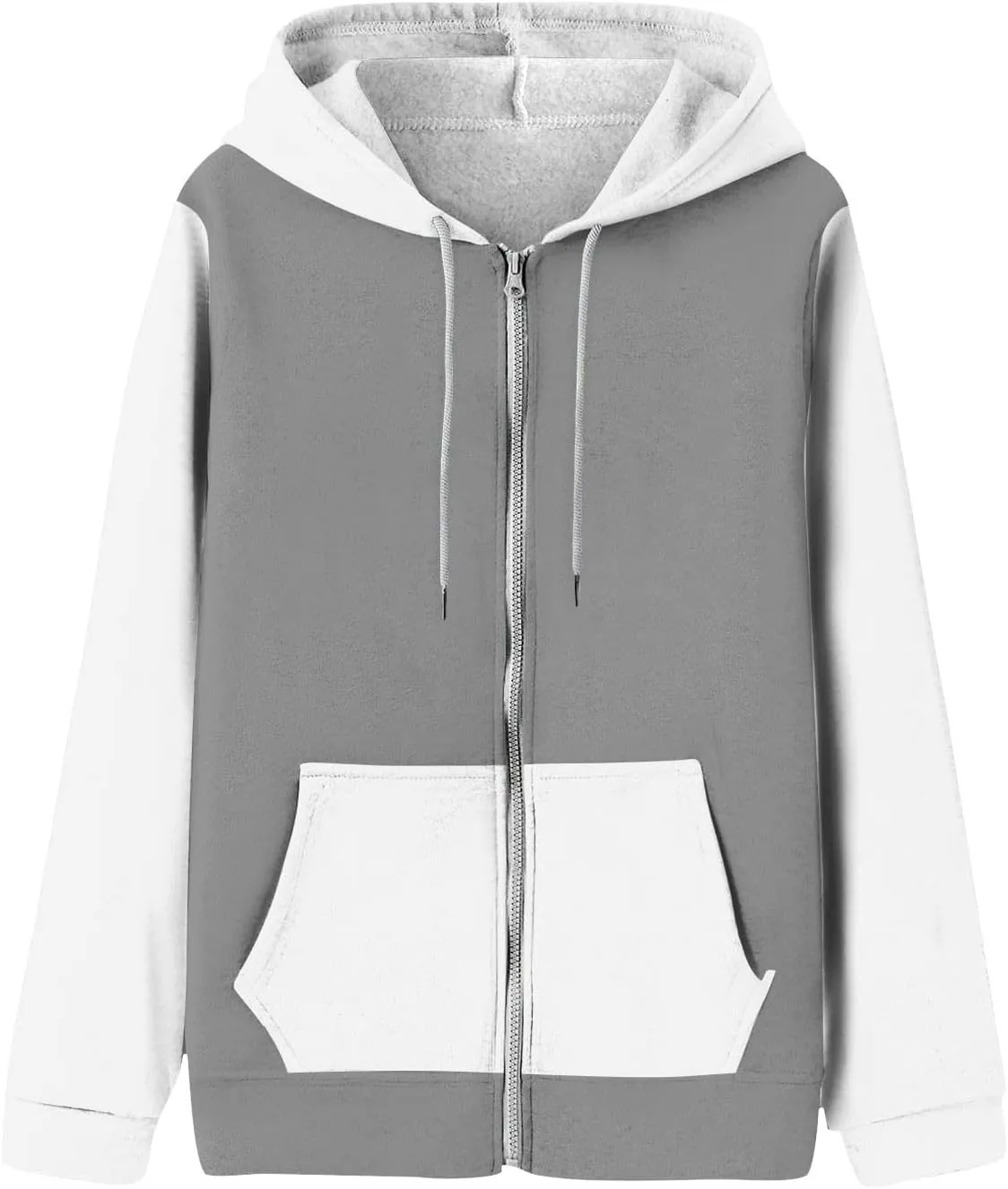 Women Zip Up Hoodie Long Sleeve Fleece Jacket Y2k Colorblock Drawstring Oversized Hooded Sweatshirt with Pockets