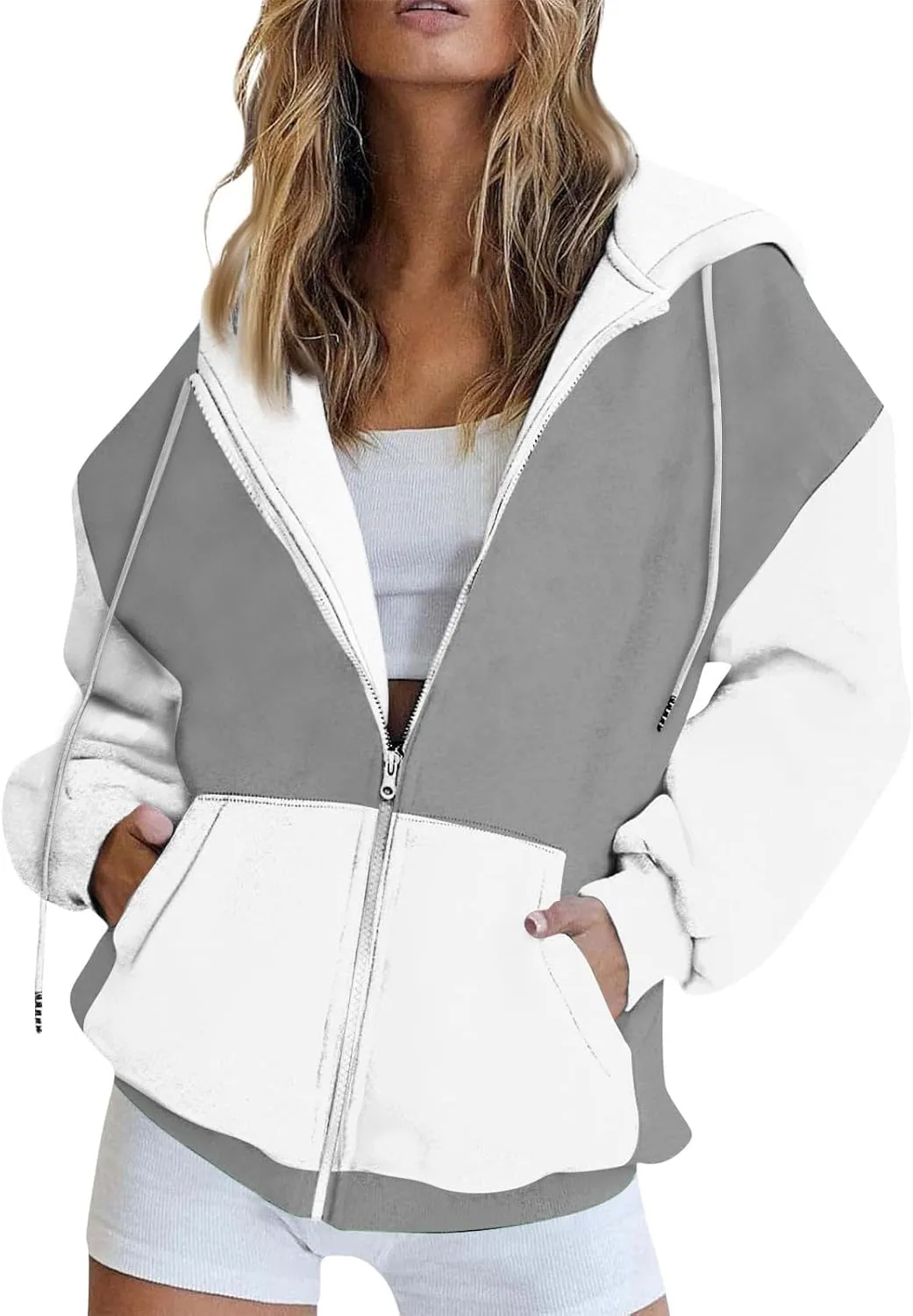 Women Zip Up Hoodie Long Sleeve Fleece Jacket Y2k Colorblock Drawstring Oversized Hooded Sweatshirt with Pockets