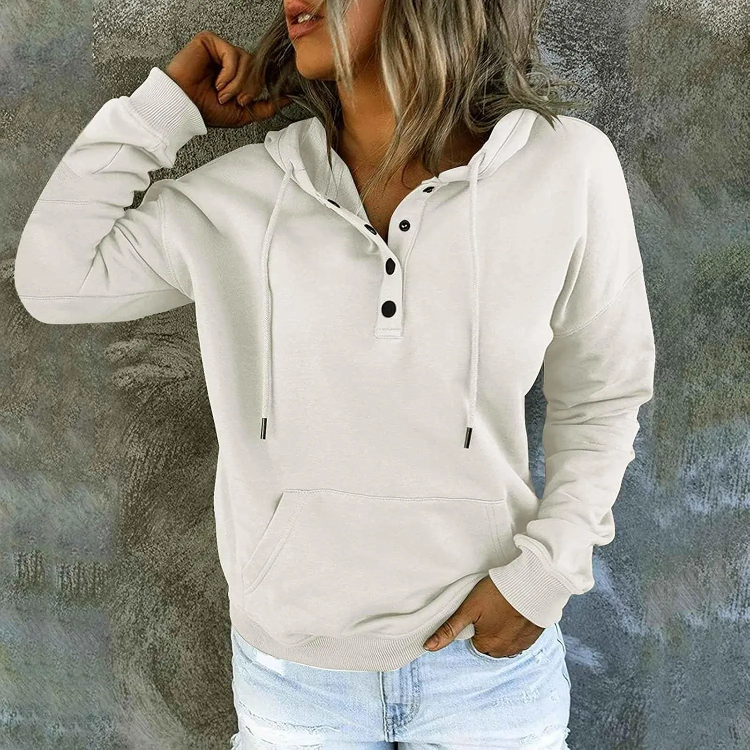 Womens 2024 Hooded Button Collar Drawstring Hoodies Pullover Sweatshirts Casual Long Sleeve Tops Shirts With Pocket