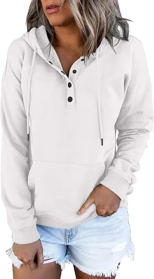 Womens 2024 Hooded Button Collar Drawstring Hoodies Pullover Sweatshirts Casual Long Sleeve Tops Shirts With Pocket