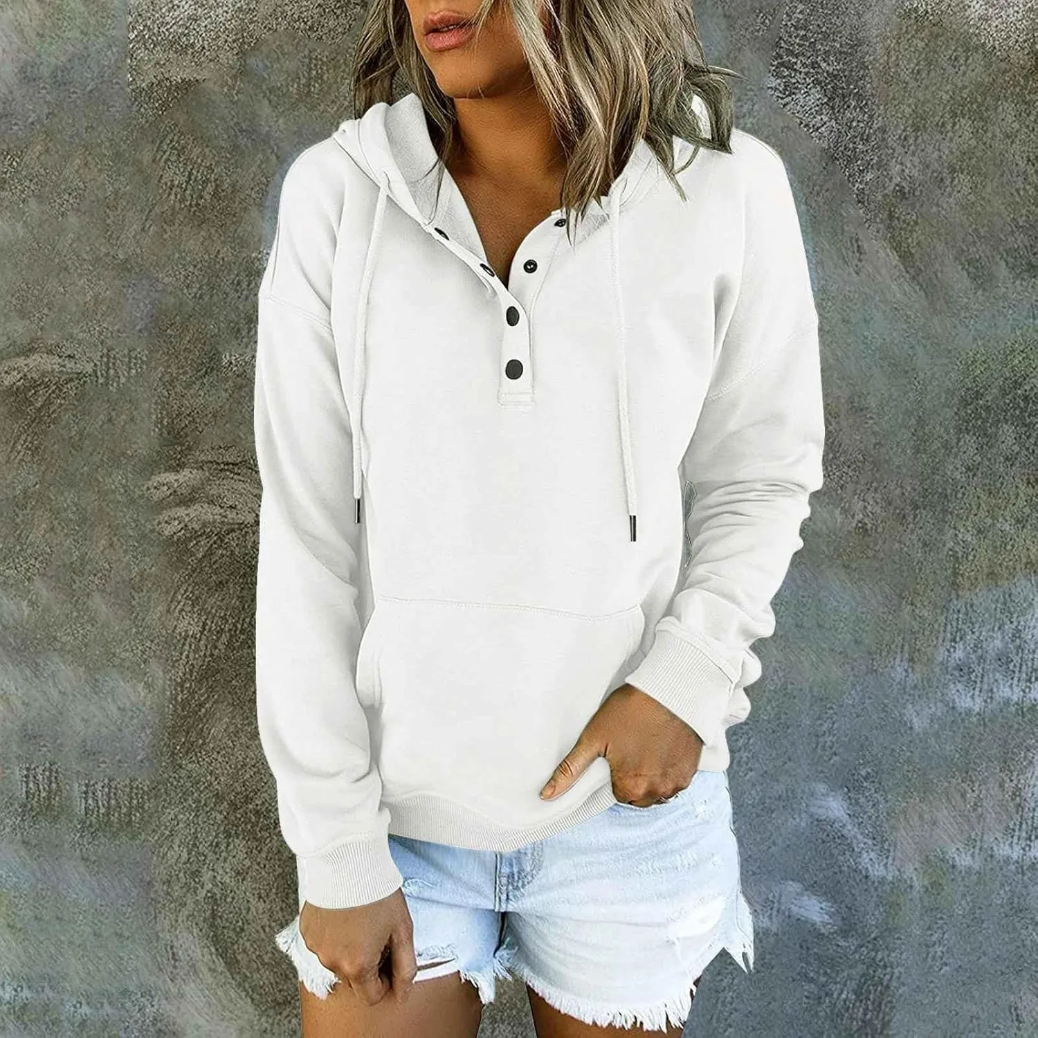 Womens 2024 Hooded Button Collar Drawstring Hoodies Pullover Sweatshirts Casual Long Sleeve Tops Shirts With Pocket