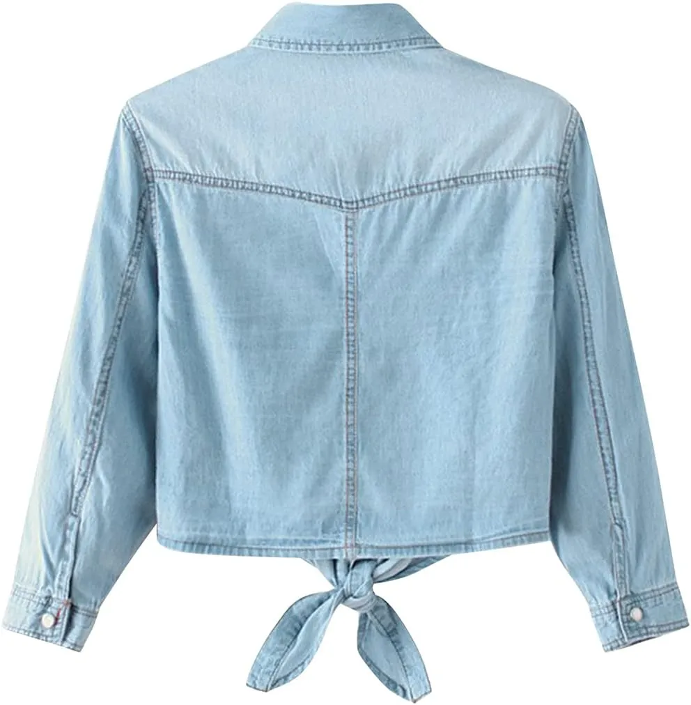 Women's 3/4 Sleeve Front Tie Shirt Denim Shirt Crop Cardigan Jean Crop Top Chambray Knot Shirt