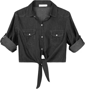 Women's 3/4 Sleeve Front Tie Shirt Denim Shirt Crop Cardigan Jean Crop Top Chambray Knot Shirt