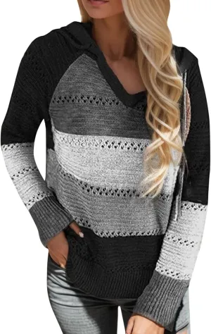 Women's Blouse Knitted Sweatshirts V Neck Hooded Pullover Casual Fashion Patchwork Knit Loose Sweater Tops