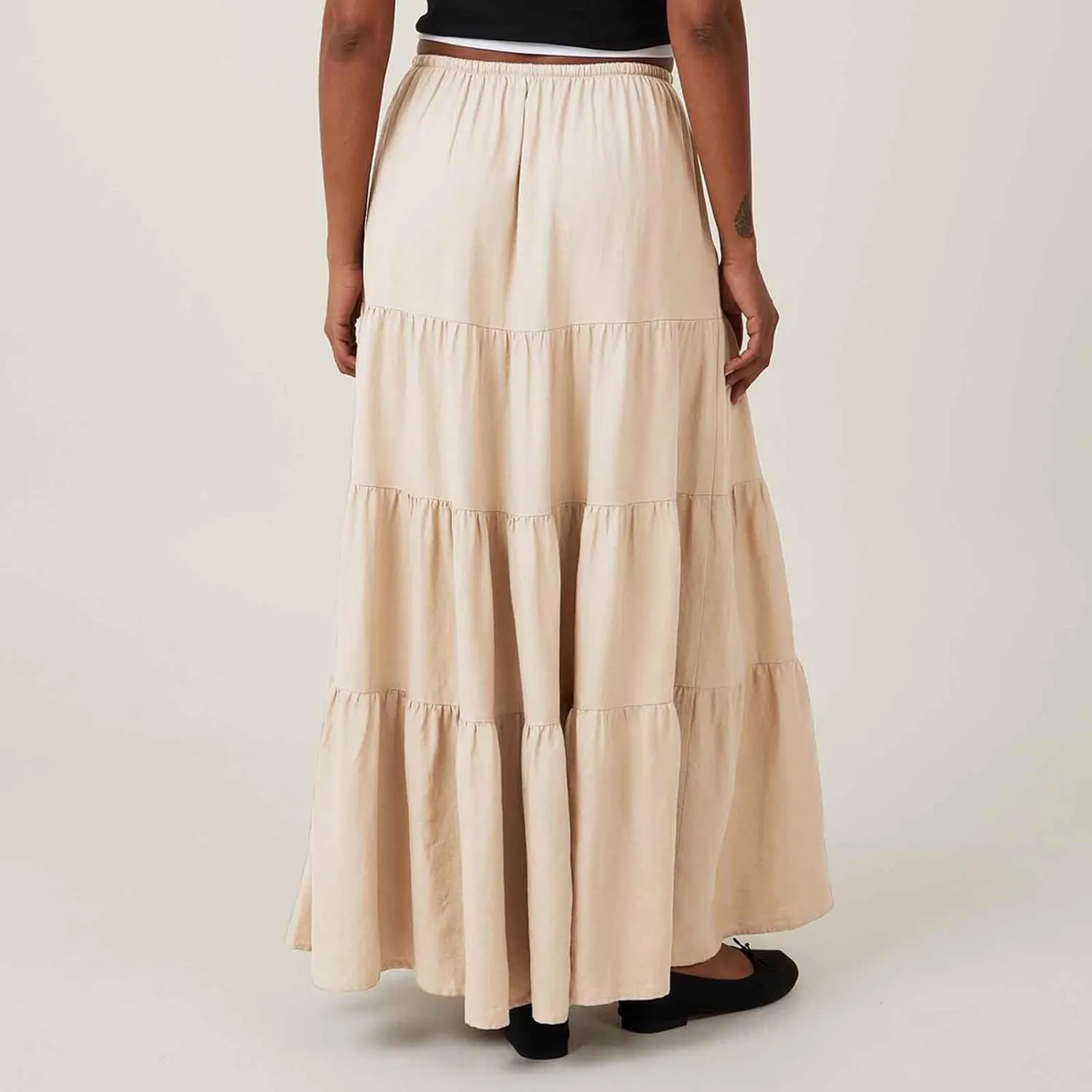 Womens Boho Elastic High Waist Pleated A-Line Flowy Swing Asymmetric Tiered Maxi Long Skirt Dress with Drawstring